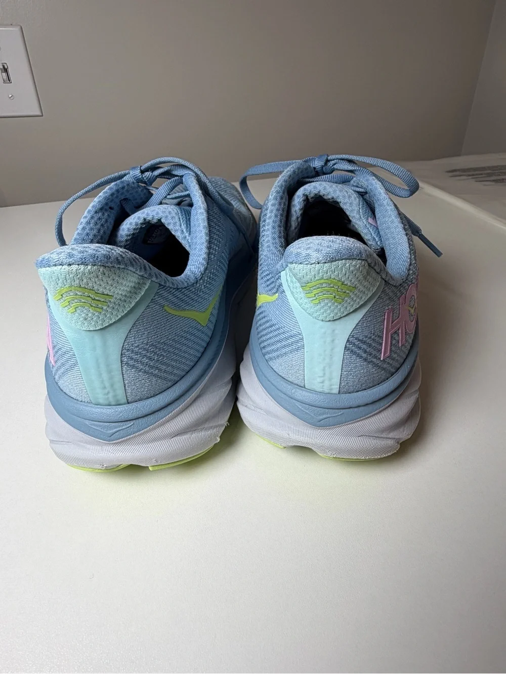 Women’s Hoka Clifton 3 9.5 Light Blue Running Shoes with Neon Yellow Accents